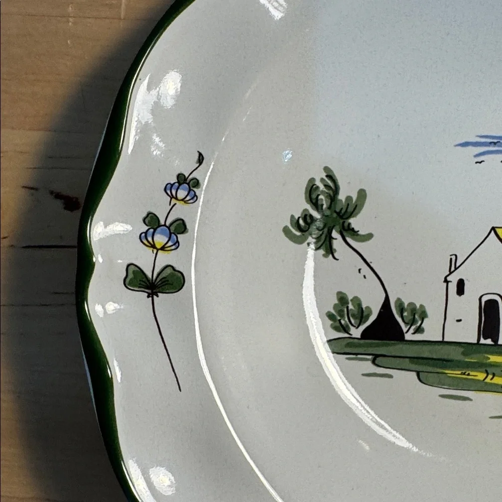 Varages France Cabanon Large Rim Soup Bowl Green Trim Farmhouse Cottage Floral
